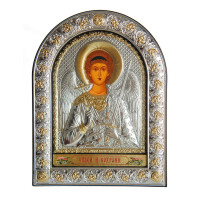 Ангел Хранитель 12х15,5см Серебряная Икона под Стеклом обтянута в темную кожу ( Греция )