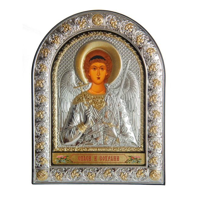 Серебряная Икона Ангел Хранитель (12х15,5см) под Стеклом обтянута в темную кожу (Греция)