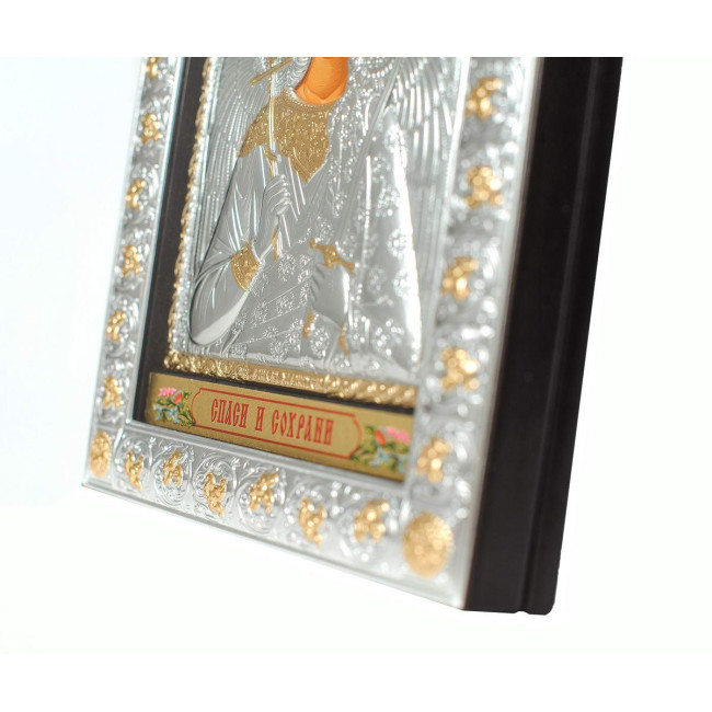 Серебряная Икона Ангел Хранитель (12х15,5см) под Стеклом обтянута в темную кожу (Греция)