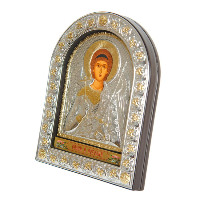 Серебряная Икона Ангел Хранитель (12х15,5см) под Стеклом обтянута в темную кожу (Греция)