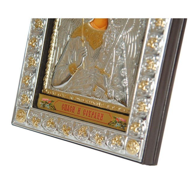 Серебряная Икона Ангел Хранитель (12х15,5см) под Стеклом обтянута в темную кожу (Греция)