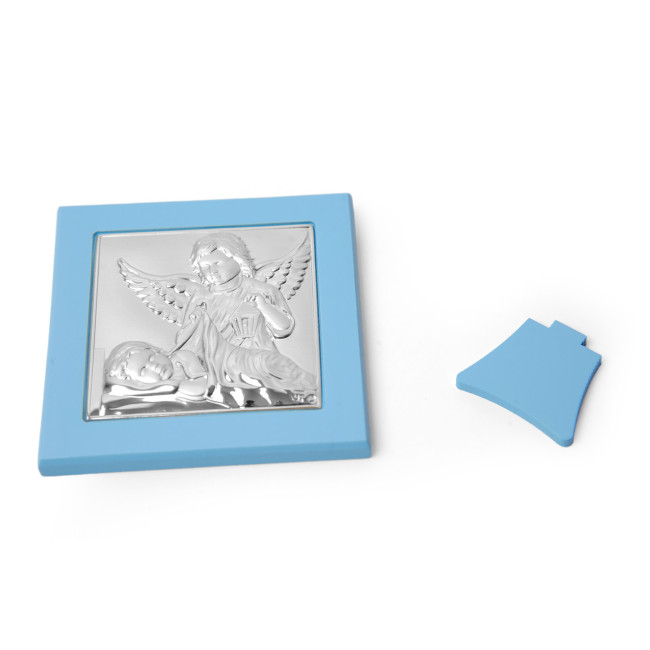 Срібна ікона Ангел Хранитель з немовлям 11х11см у синьому дереві у подарунок для хлопчика