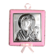 Срібна Ікона Божої Матері Одигітрія 14х14см на розовій подушечці