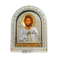 Спаситель Иисус  12х15,5см Серебряная Икона под Стеклом обтянута в темную кожу ( Греция )