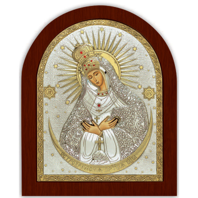 Срібна Ікона Остробрамської Божої Матері 8,1х9,7см арочної форми на дереві з рамкою EP2-067XAG/P
