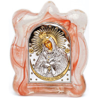 Остробрамська Божа Матір - Срібна ікона в Муранському склі червоного кольору 7х9 см