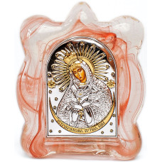 Остробрамська Божа Матір - Срібна ікона в Муранському склі червоного кольору 7х9 см