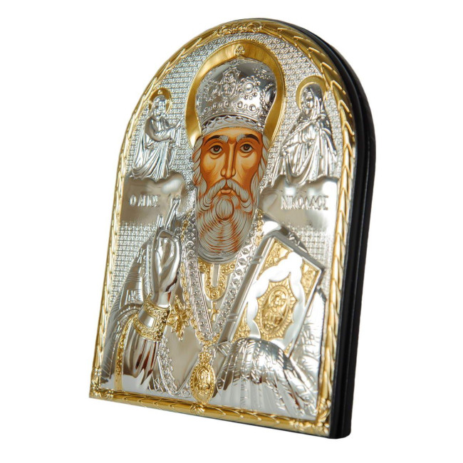 Святий Миколай Угодник 16,5x21,5 см - Срібна Ікона в шкіряній оправі