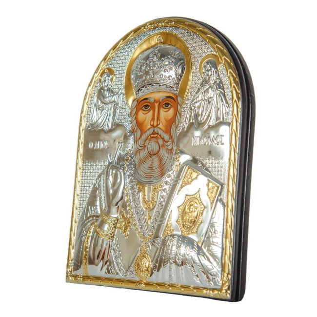 Святий Миколай Угодник 16,5x21,5 см - Срібна Ікона в шкіряній оправі