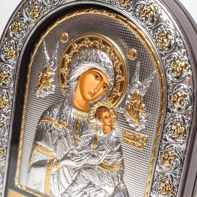 Страсная Божья Матерь 16,5х21,5 см серебряная икона с позолотой под стеклом обтянута в кожу (Греция)